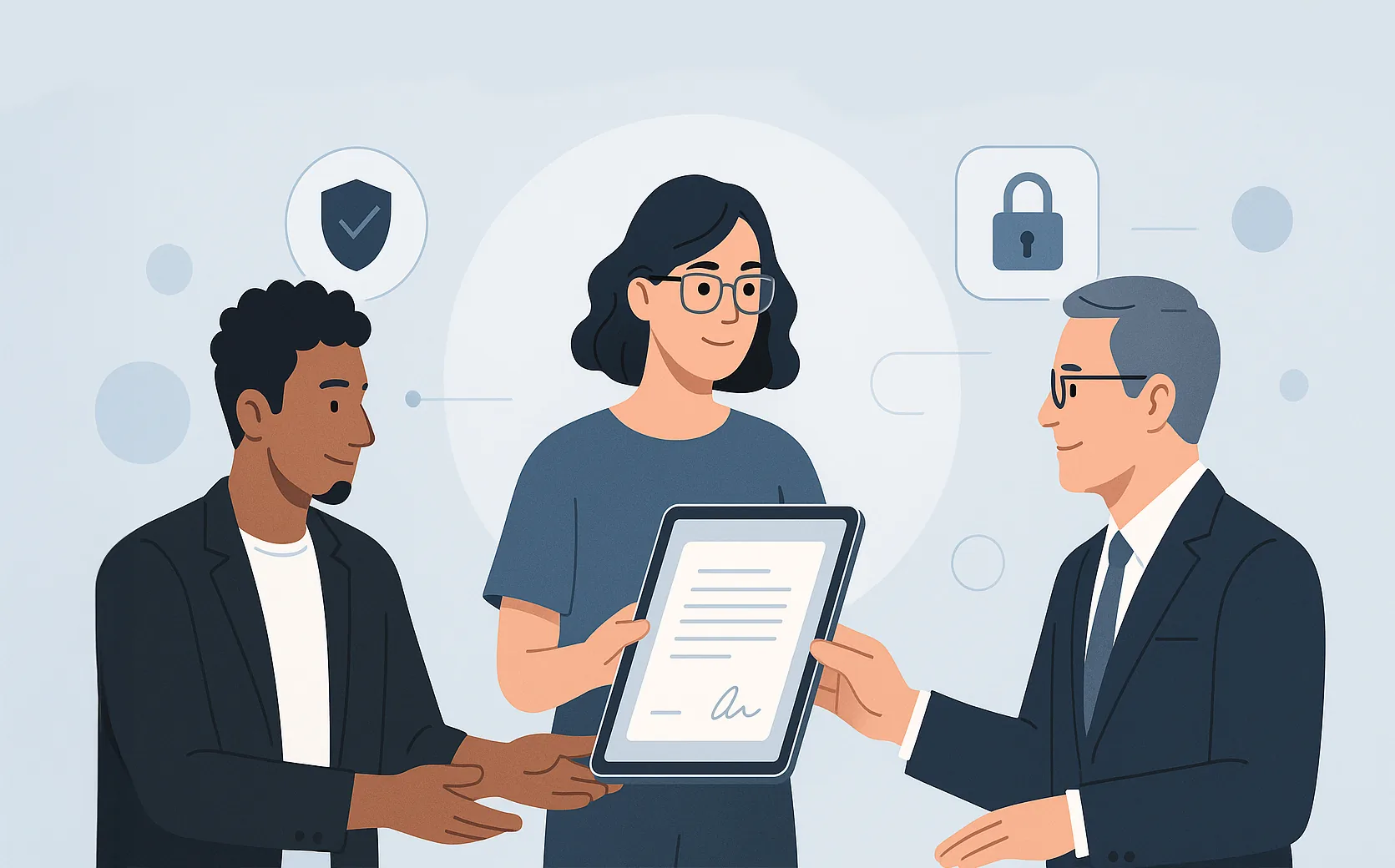 Professionals securely exchanging a digital agreement through SwiftNDA’s platform.